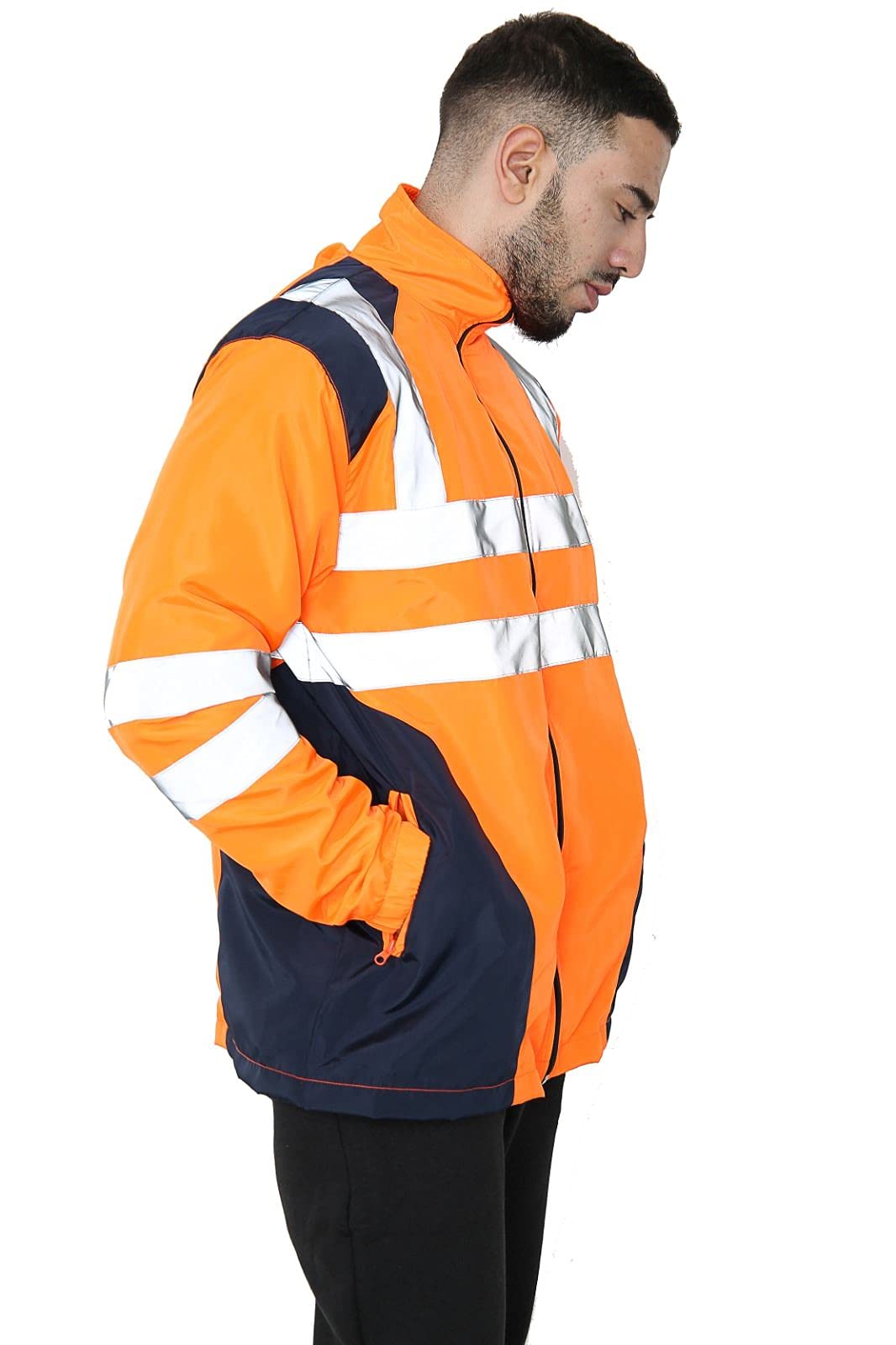 Parsa Fashions Hi Vis Rain Jacket Mens High Visibility Waterproof Reflective Tape Band Safety Zipper Hooded Top Lightweight Sizes Small to 5XL Orange L